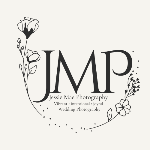 A logo with flowers saying JMP jessie mae photography vibrant intentional joyful wedding photography